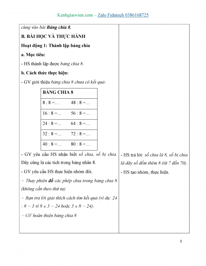 Giáo án và PPT Toán 3 chân trời bài Bảng chia 8
