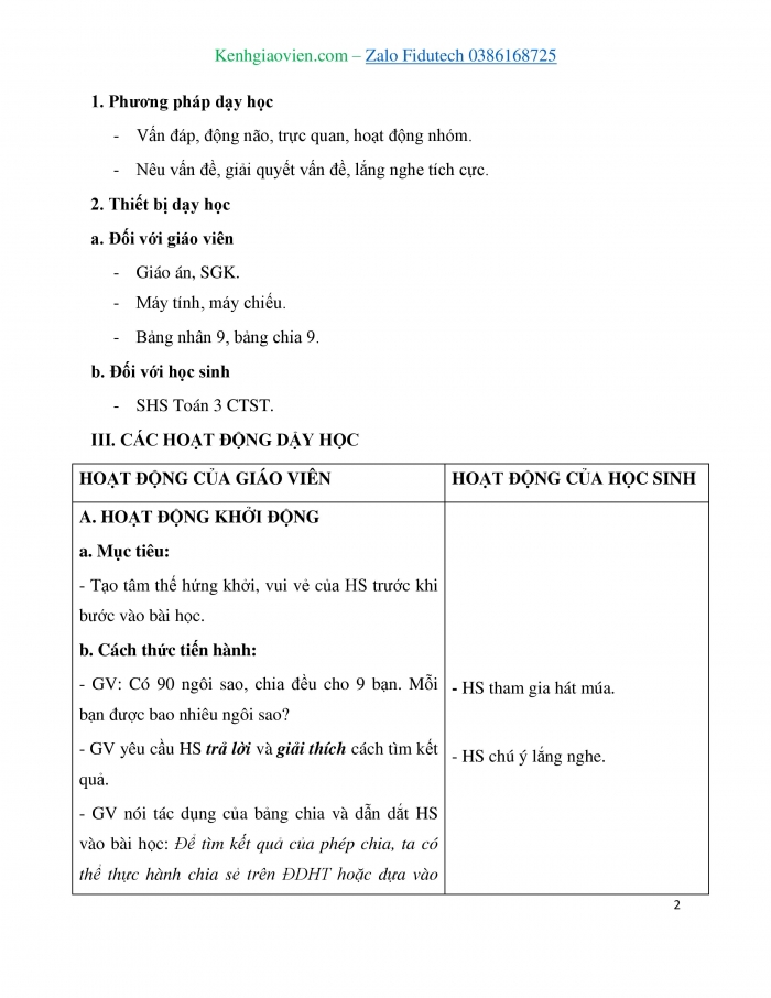 Giáo án và PPT Toán 3 chân trời bài Bảng chia 9