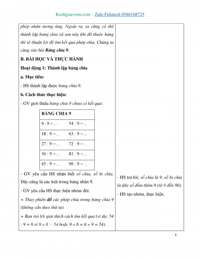 Giáo án và PPT Toán 3 chân trời bài Bảng chia 9