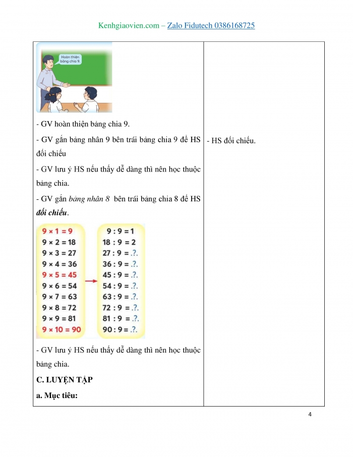 Giáo án và PPT Toán 3 chân trời bài Bảng chia 9