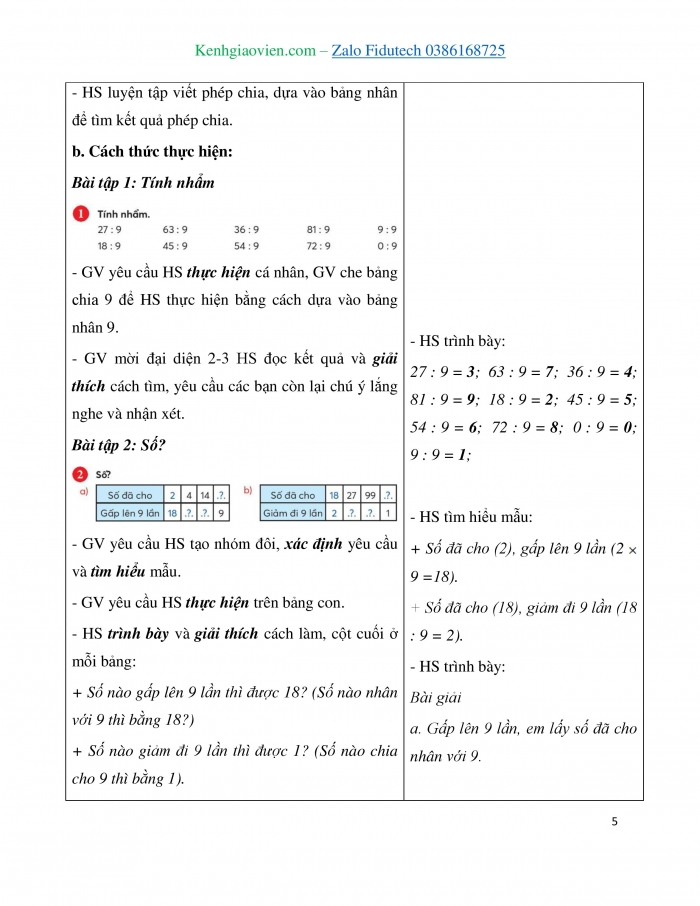 Giáo án và PPT Toán 3 chân trời bài Bảng chia 9