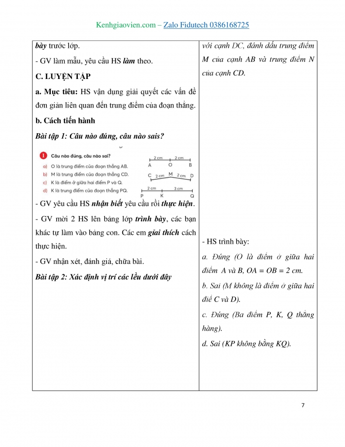 Giáo án và PPT Toán 3 chân trời bài Điểm ở giữa. Trung điểm của đoạn thẳng