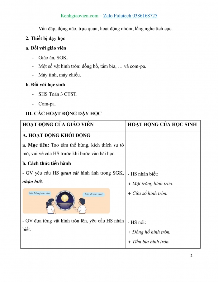 Giáo án và PPT Toán 3 chân trời bài Hình tròn