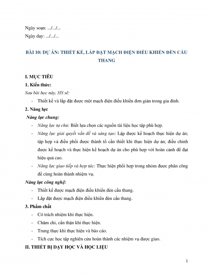 Giáo án và PPT công nghệ 12 điện - điện tử Cánh diều bài 10: Dự án Thiết kế, lắp đặt mạch điện điều khiển đèn cầu thang