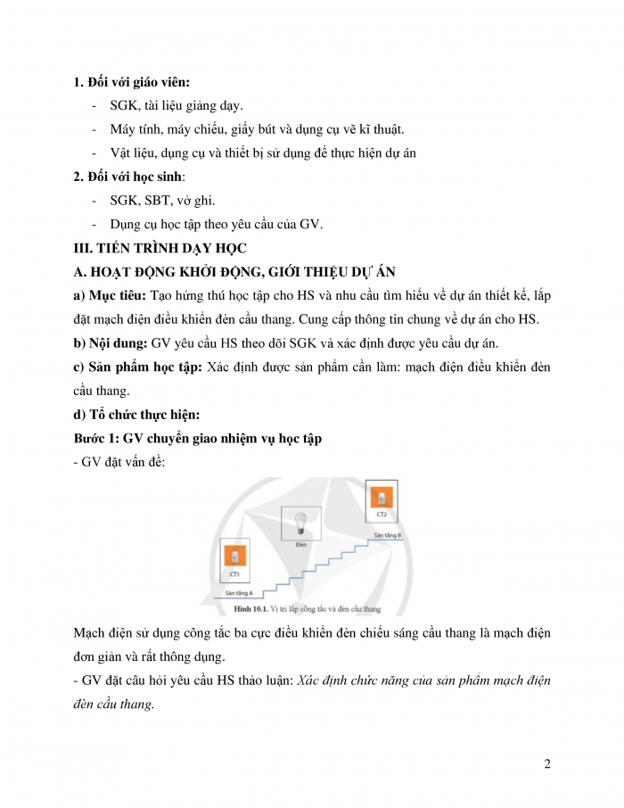 Giáo án và PPT công nghệ 12 điện - điện tử Cánh diều bài 10: Dự án Thiết kế, lắp đặt mạch điện điều khiển đèn cầu thang