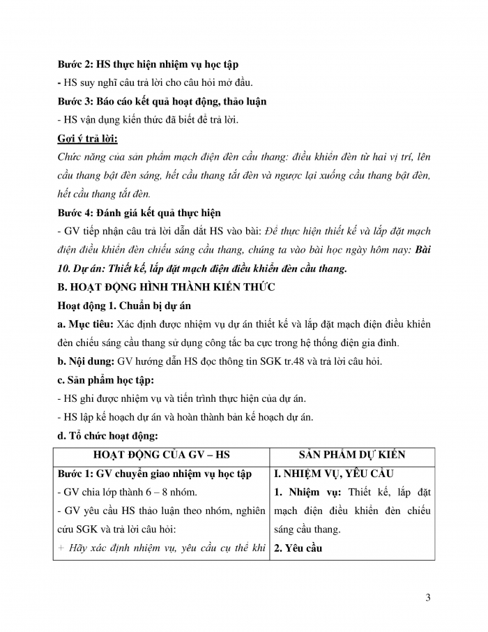 Giáo án và PPT công nghệ 12 điện - điện tử Cánh diều bài 10: Dự án Thiết kế, lắp đặt mạch điện điều khiển đèn cầu thang