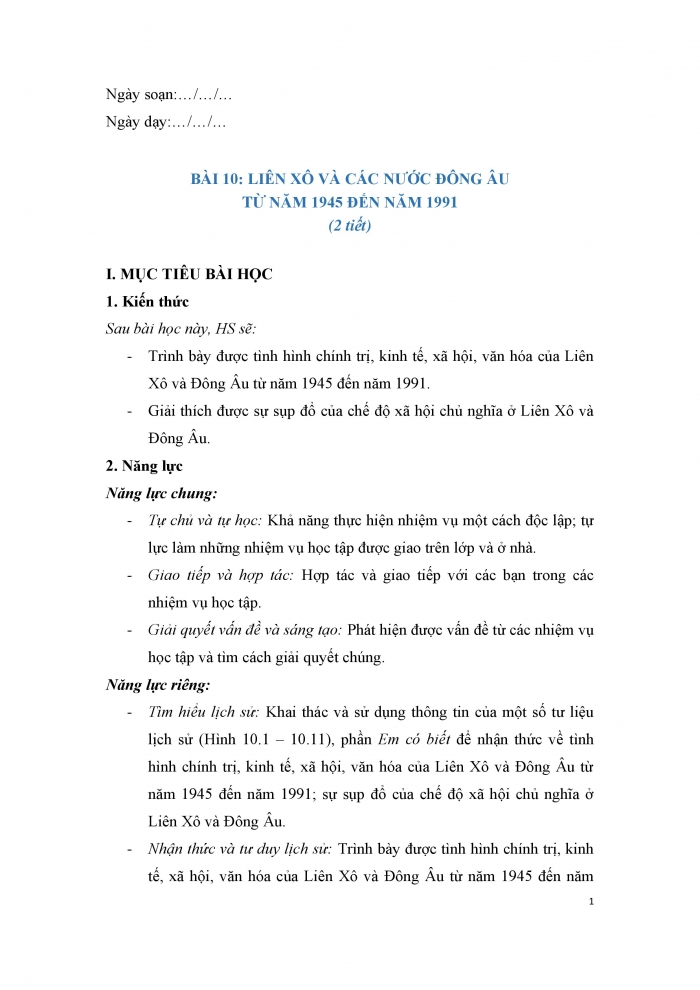 Giáo án và PPT Lịch sử 9 chân trời bài 10: Liên Xô và các nước Đông Âu từ năm 1945 đến năm 1991