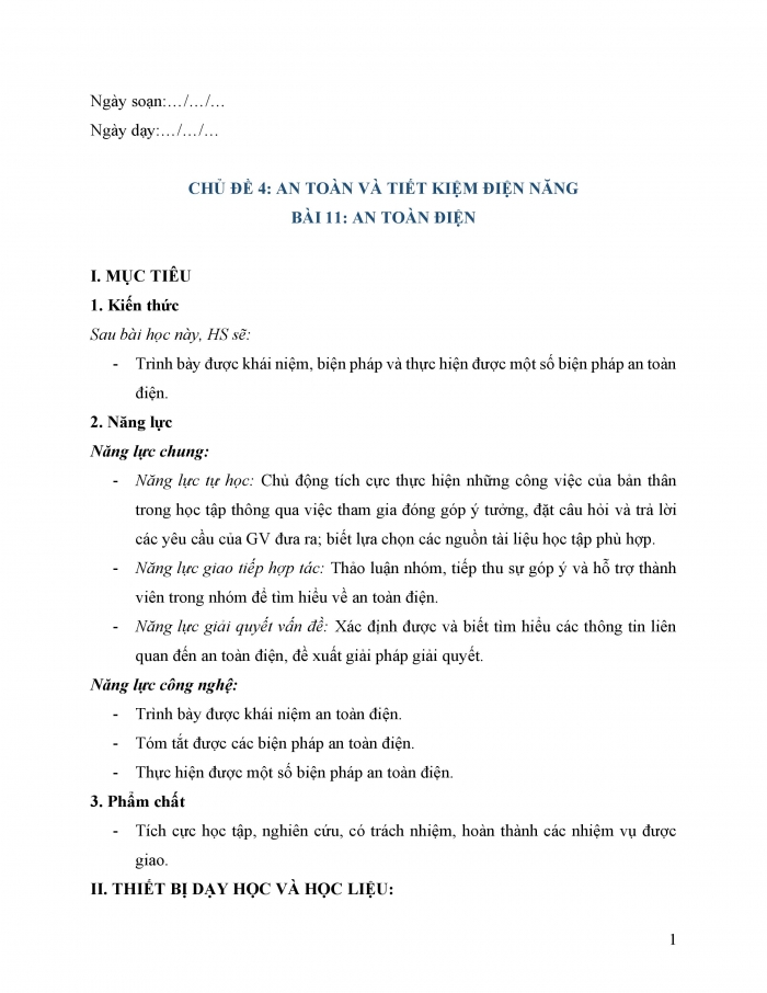 Giáo án và PPT công nghệ 12 điện - điện tử Cánh diều bài 11: An toàn điện