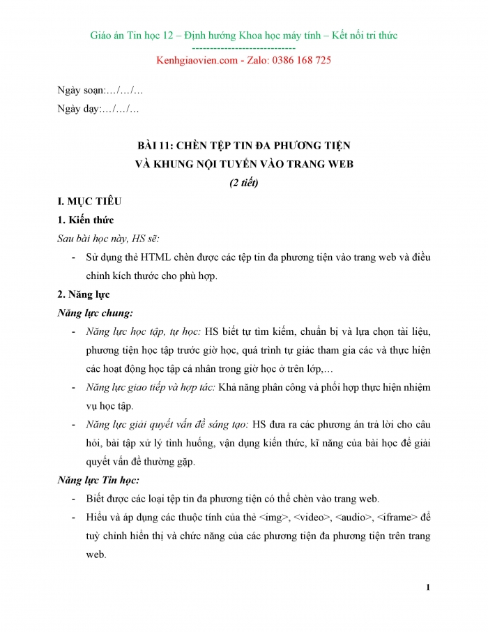 Giáo án và PPT Khoa học máy tính 12 kết nối bài 11: Chèn tập tin đa phương tiện và khung nội tuyến vào trang web