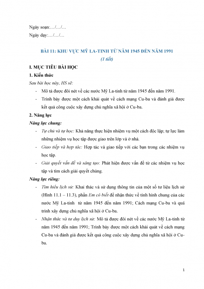 Giáo án và PPT Lịch sử 9 cánh diều bài 11: Khu vực Mỹ La-tinh từ năm 1945 đến năm 1991