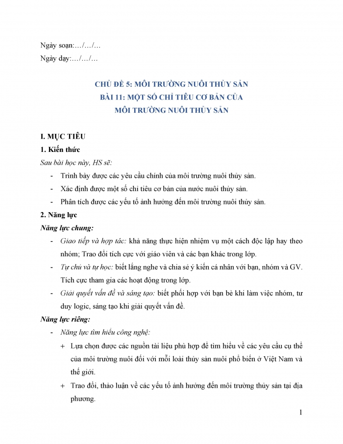 Giáo án và PPT công nghệ 12 lâm nghiệp thủy sản Cánh diều bài 11: Một số chỉ tiêu cơ bản của môi trường nuôi thuỷ sản