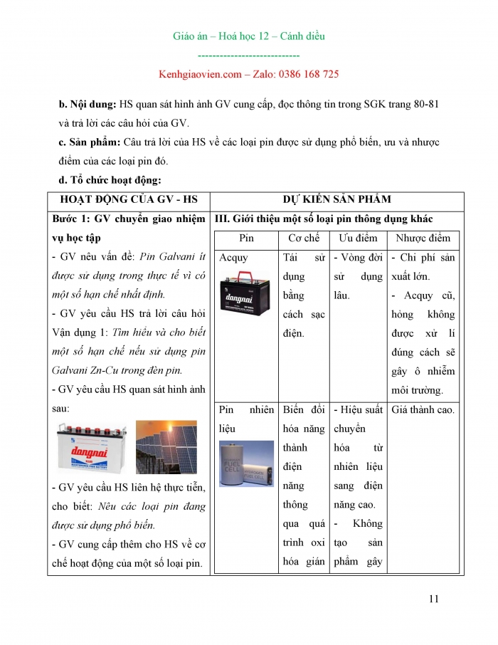 Giáo án và PPT Hóa học 12 cánh diều bài 11: Nguồn điện hóa học