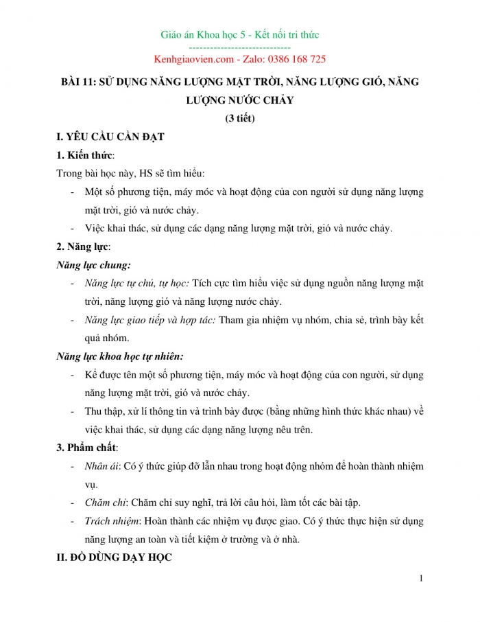 Giáo án và PPT Khoa học 5 Kết nối bài 11: Sử dụng năng lượng mặt trời, năng lượng gió, năng lượng nước chảy