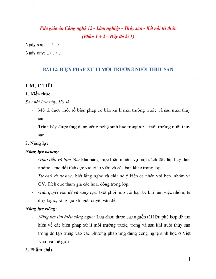 Giáo án và PPT công nghệ 12 lâm nghiệp thủy sản Kết nối bài 12: Biện pháp xử lí môi trường nuôi thuỷ sản