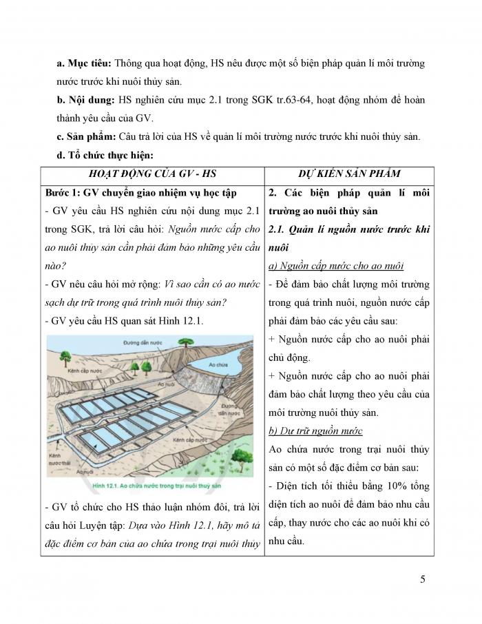 Giáo án và PPT công nghệ 12 lâm nghiệp thủy sản Cánh diều bài 12: Quản lí môi trường nuôi thuỷ sản