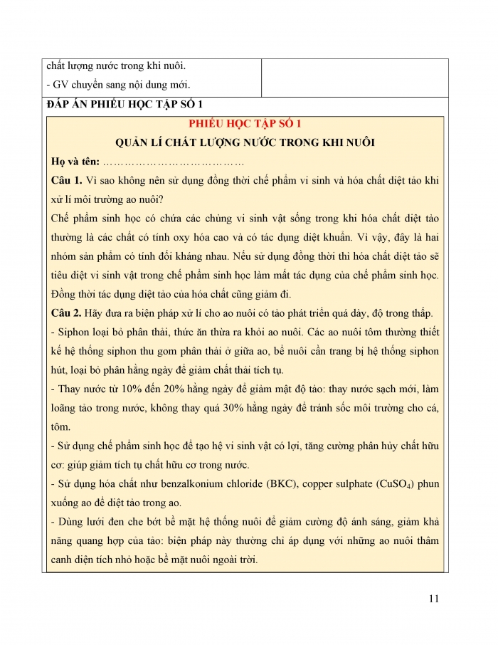 Giáo án và PPT công nghệ 12 lâm nghiệp thủy sản Cánh diều bài 12: Quản lí môi trường nuôi thuỷ sản