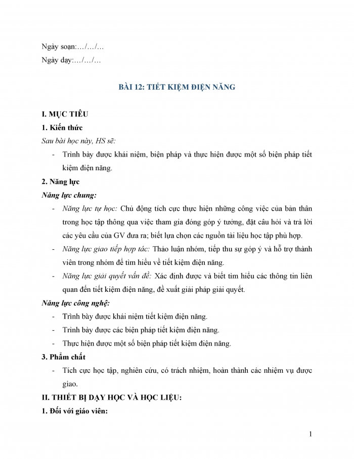 Giáo án và PPT công nghệ 12 điện - điện tử Cánh diều bài 12: Tiết kiệm điện năng