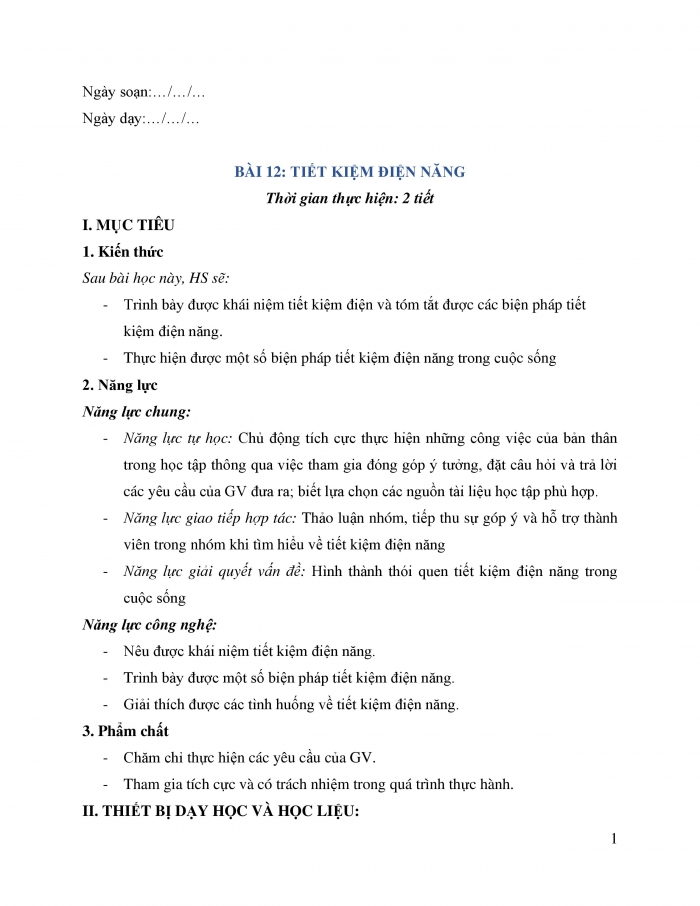 Giáo án và PPT công nghệ 12 điện - điện tử Kết nối bài 12: Tiết kiệm điện năng