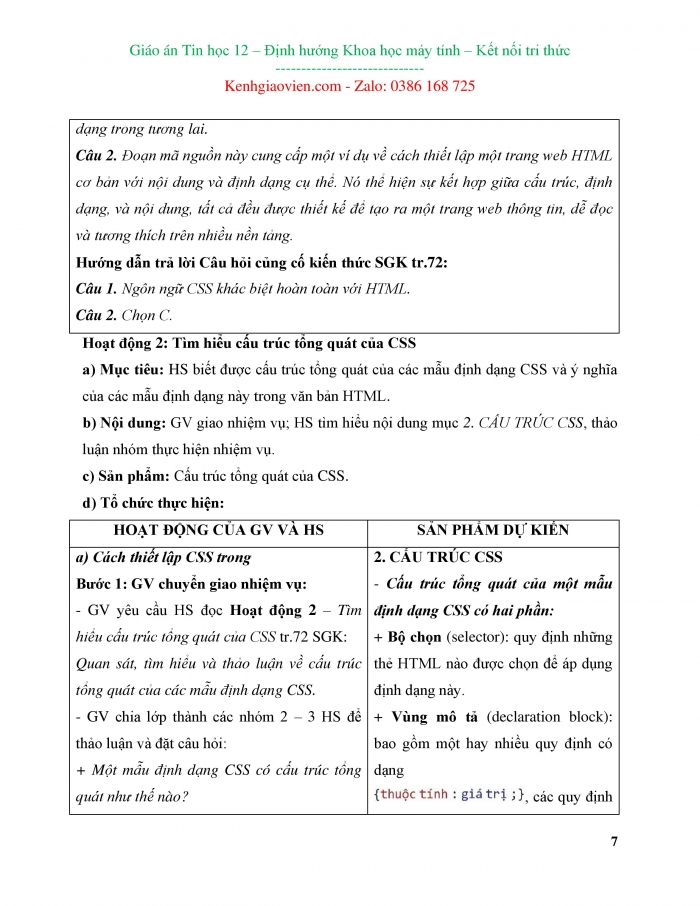 Giáo án và PPT Khoa học máy tính 12 kết nối bài 13: Khái niệm, vai trò của CSS