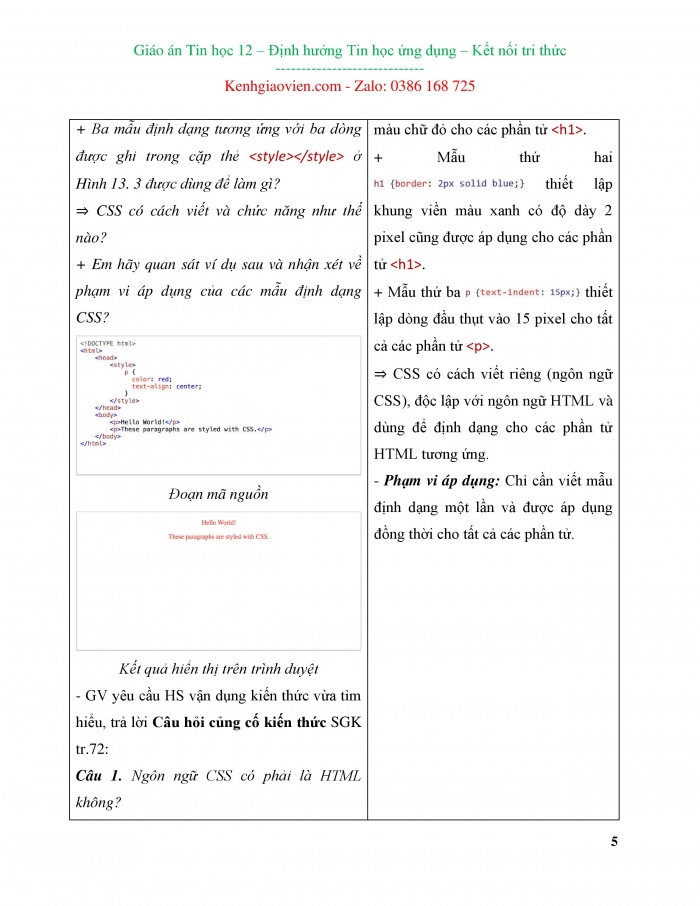 Giáo án và PPT Tin học ứng dụng 12 kết nối Bài 13: Khái niệm, vai trò của CSS