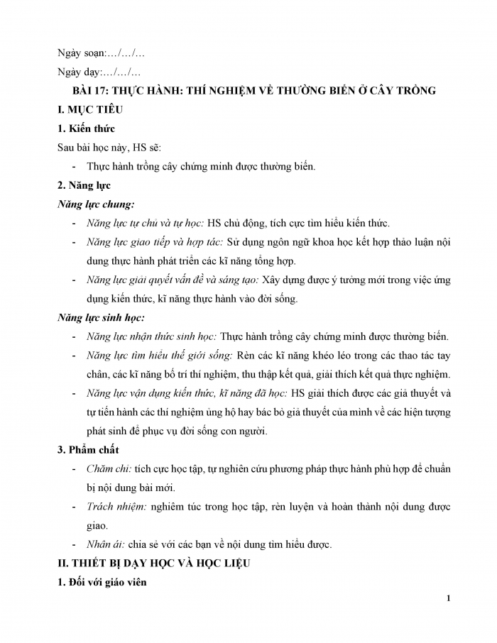 Giáo án và PPT Sinh học 12 kết nối Bài 17: Thực hành Thí nghiệm về thường biến ở cây trồng