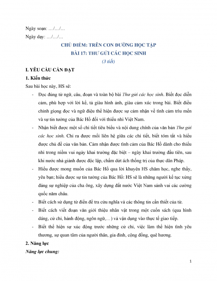 Giáo án và PPT Tiếng Việt 5 kết nối Bài 17: Thư gửi các học sinh