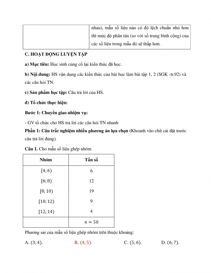 Giáo án và PPT Toán 12 cánh diều Bài 2: Phương sai, độ lệch chuẩn của mẫu số liệu ghép nhóm