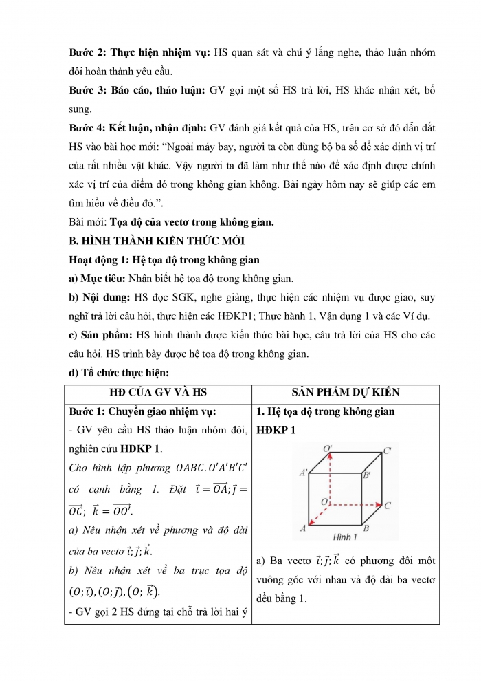 Giáo án và PPT Toán 12 chân trời bài 2: Toạ độ của vectơ trong không gian