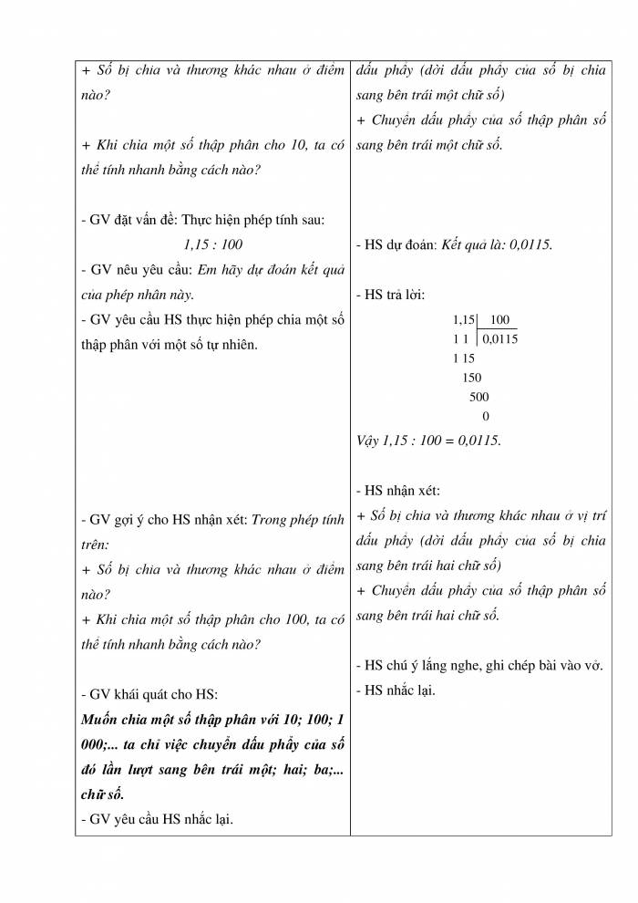 Giáo án và PPT Toán 5 Chân trời bài 37: Chia một số thập phân cho 10; 100; 1000;... Chia một số thập phân cho 0,1; 0,01; 0,001...