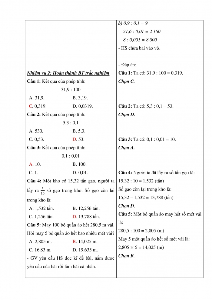 Giáo án và PPT Toán 5 Chân trời bài 37: Chia một số thập phân cho 10; 100; 1000;... Chia một số thập phân cho 0,1; 0,01; 0,001...