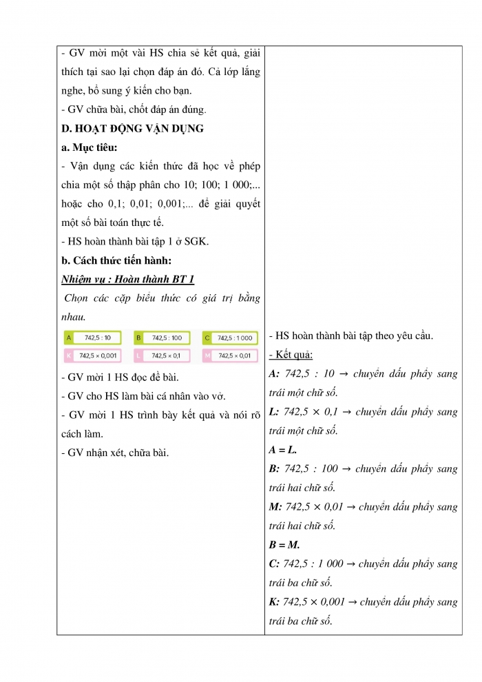 Giáo án và PPT Toán 5 Chân trời bài 37: Chia một số thập phân cho 10; 100; 1000;... Chia một số thập phân cho 0,1; 0,01; 0,001...