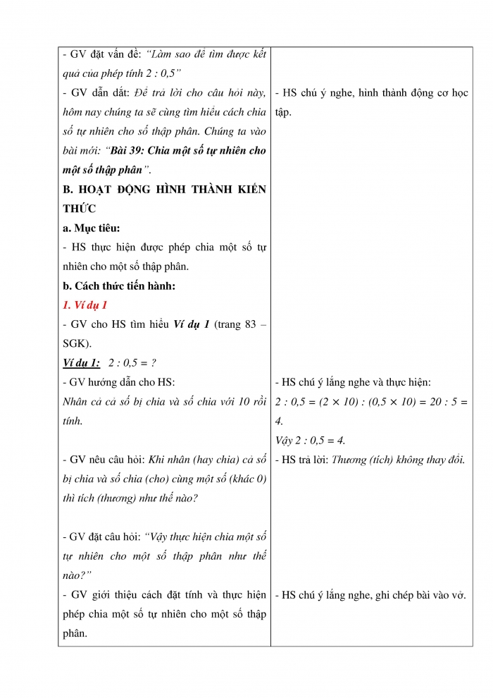 Giáo án và PPT Toán 5 Chân trời bài 39: Chia một số tự nhiên cho một số thập phân