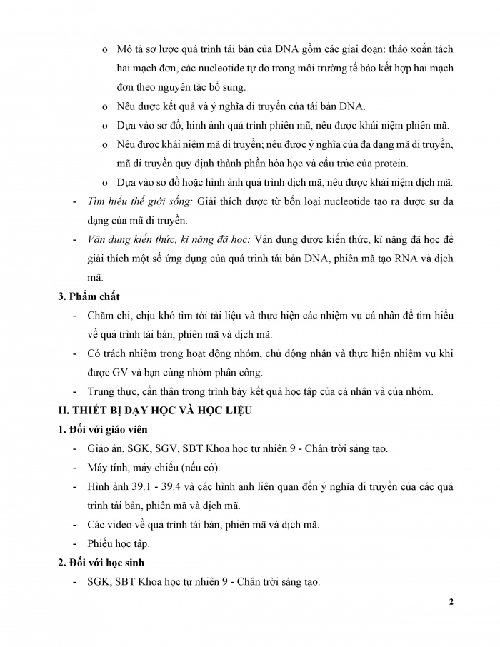 Giáo án và PPT KHTN 9 chân trời Bài 39: Quá trình tái bản, phiên mã và dịch mã