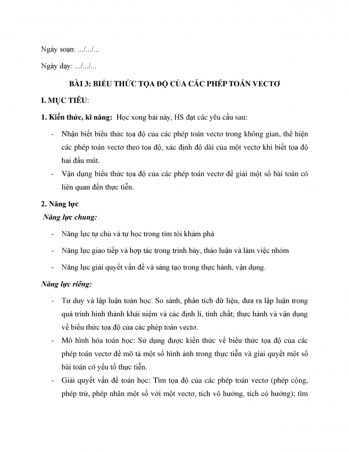 Giáo án và PPT Toán 12 cánh diều Bài 3: Biểu thức tọa độ của các phép toán vectơ