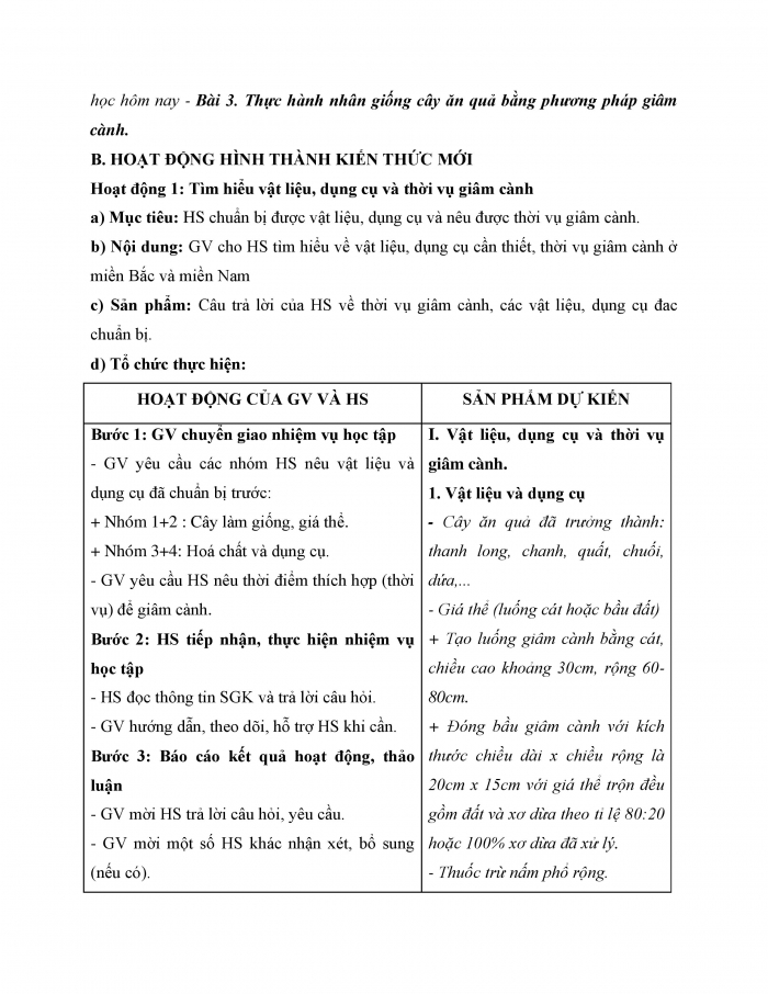 Giáo án và PPT công nghệ 9 trồng cây ăn quả Cánh diều bài 3: Thực hành nhân giống cây ăn quả bằng phương pháp giâm cành