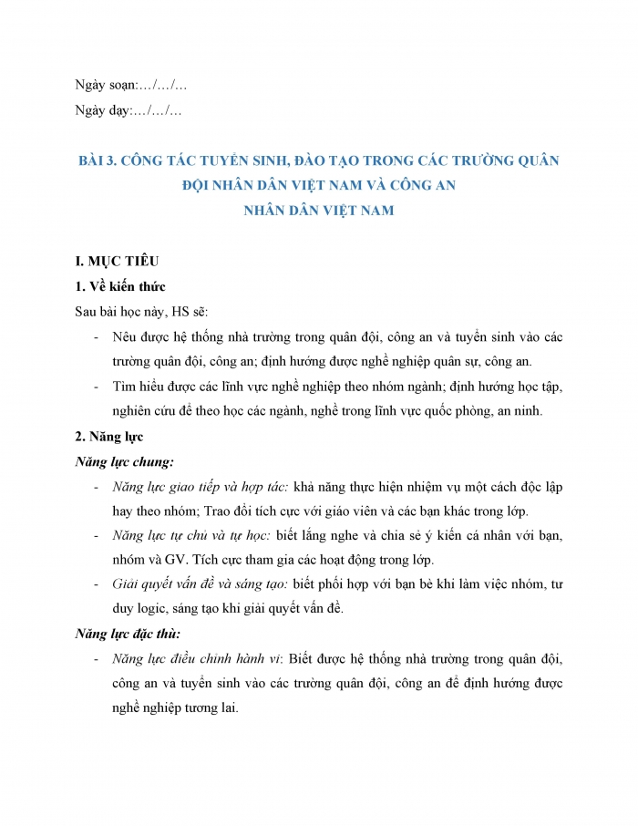 Giáo án và PPT Quốc phòng an ninh 12 cánh diều bài 3: Công tác tuyển sinh, đào tạo trong các trường Quân đội nhân dân Việt Nam và Công an nhân dân Việt Nam