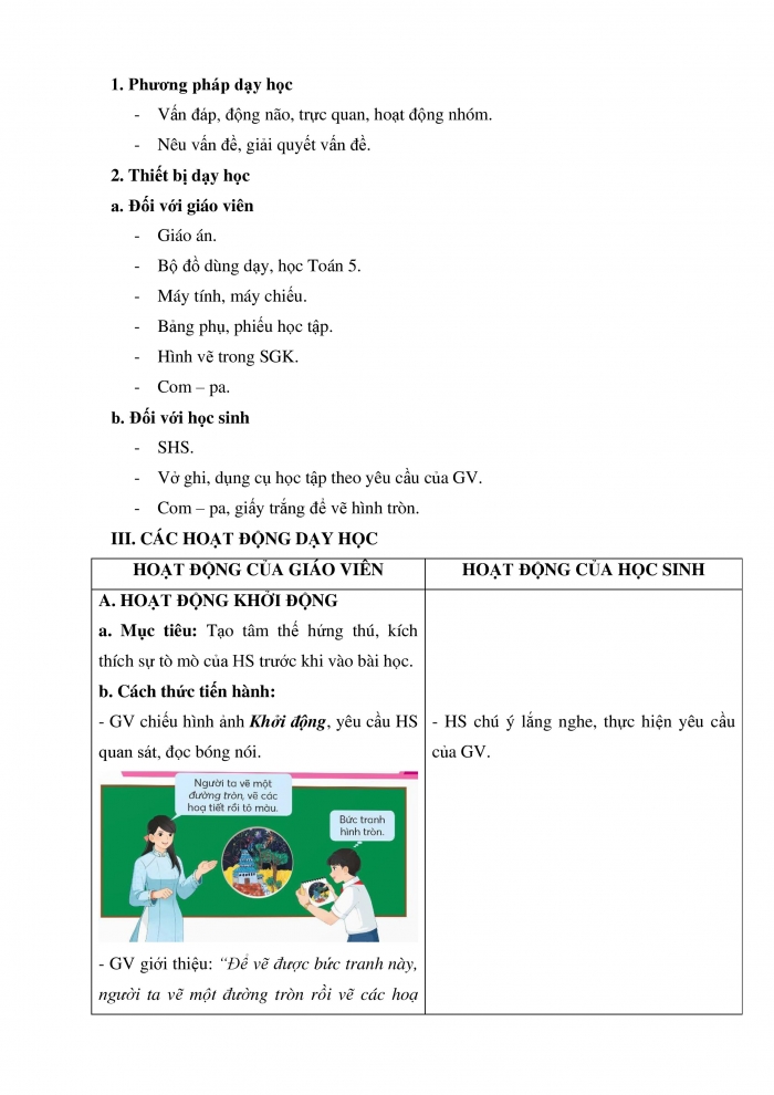 Giáo án và PPT Toán 5 Chân trời bài 47: Đường tròn, hình tròn