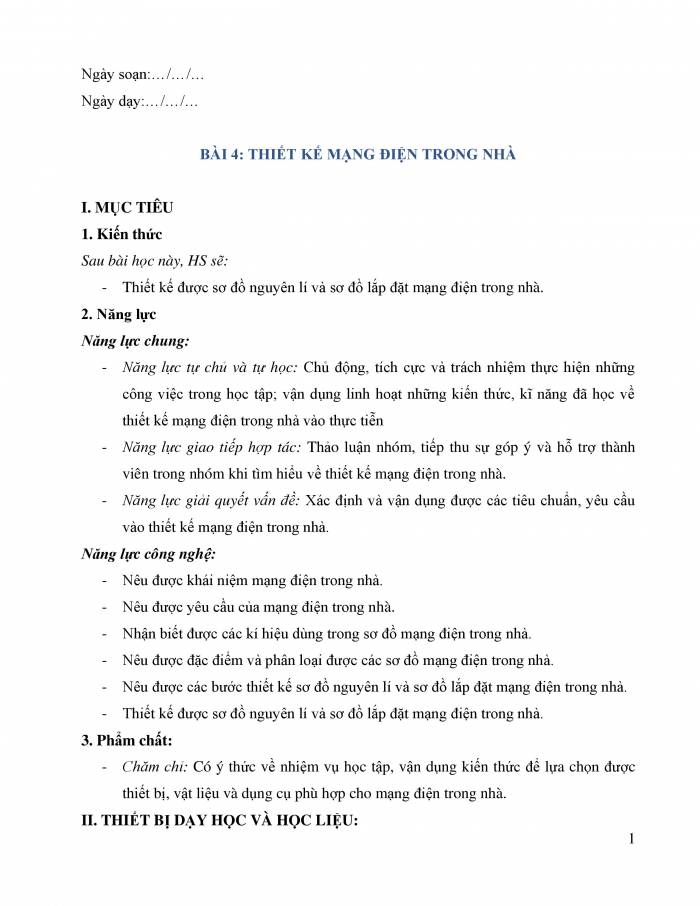 Giáo án và PPT công nghệ 9 lắp đặt mạng điện trong nhà Cánh diều bài 4: Thiết kế mạng điện trong nhà