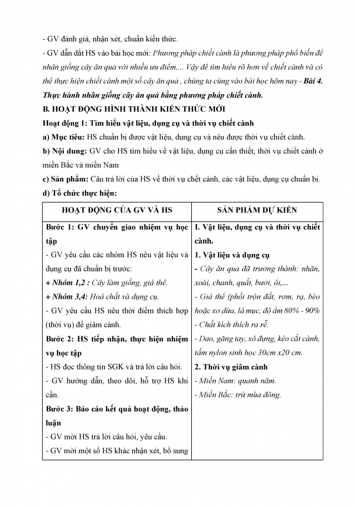 Giáo án và PPT công nghệ 9 trồng cây ăn quả Cánh diều bài 4: Thực hành nhân giống cây ăn quả bằng phương pháp chiết cành