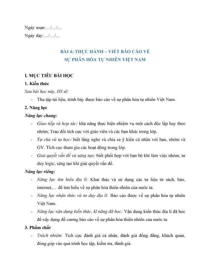 Giáo án và PPT Địa lí 12 kết nối bài 4: Thực hành Viết báo cáo về sự phân hoá tự nhiên Việt Nam