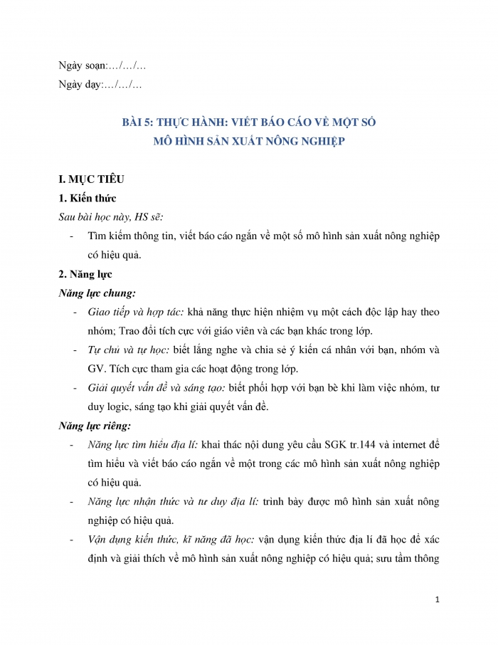 Giáo án và PPT Địa lí 9 cánh diều bài 5: Thực hành Viết báo cáo ngắn về mô hình sản xuất nông nghiệp