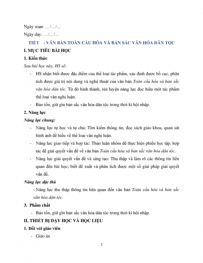 Giáo án và PPT Ngữ văn 12 cánh diều bài 5: Toàn cầu hóa và bản sắc văn hóa dân tộc (Phan Hồng Giang)