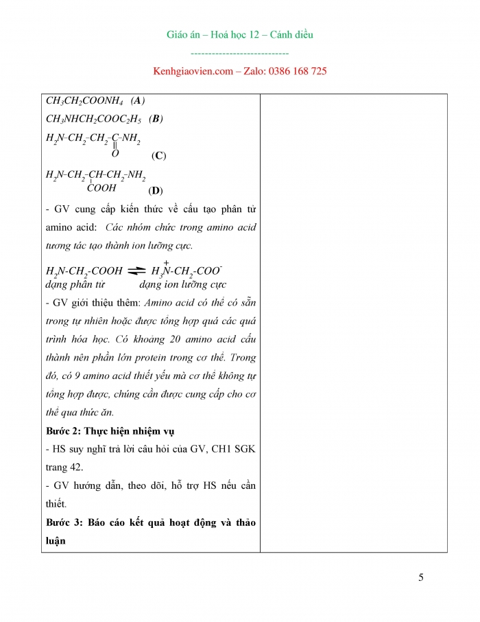 Giáo án và PPT Hóa học 12 cánh diều bài 6: Amino acid