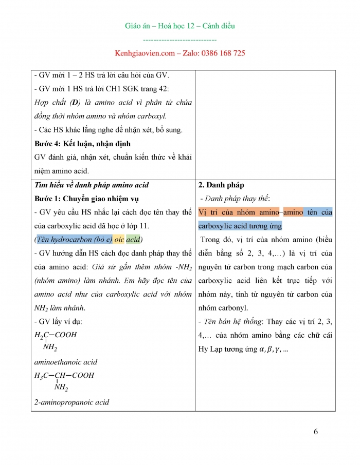 Giáo án và PPT Hóa học 12 cánh diều bài 6: Amino acid