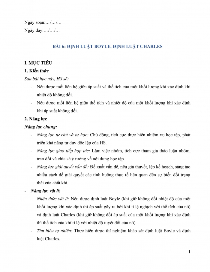 Giáo án và PPT Vật lí 12 chân trời bài 6: Định luật Boyle. Định luật Charles