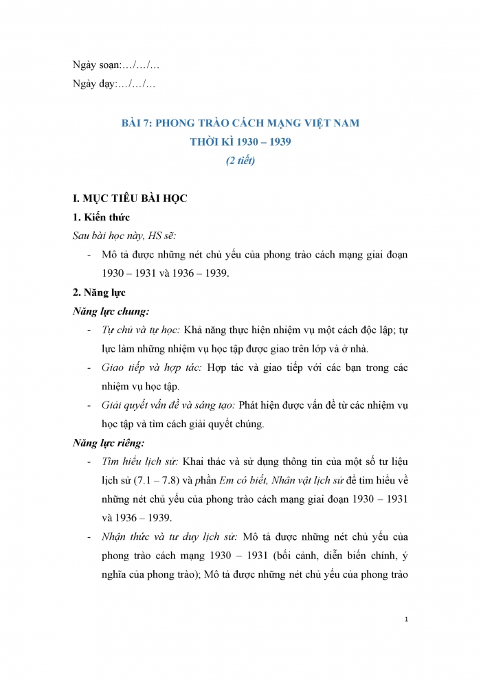 Giáo án và PPT Lịch sử 9 chân trời bài 7: Phong trào cách mạng Việt Nam thời kì 1930 - 1939