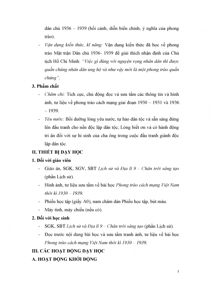 Giáo án và PPT Lịch sử 9 chân trời bài 7: Phong trào cách mạng Việt Nam thời kì 1930 - 1939