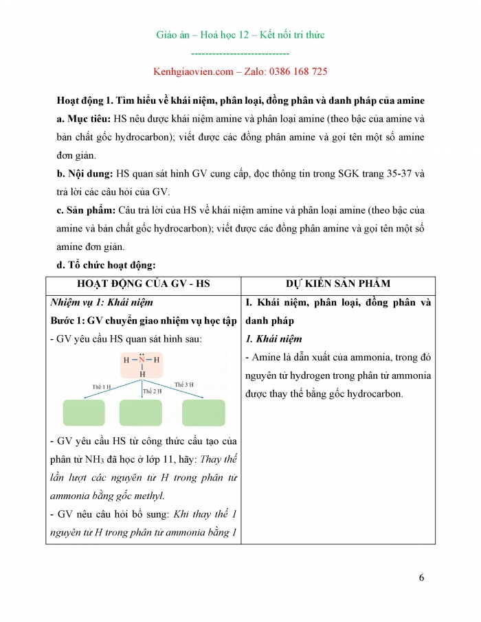 Giáo án và PPT Hoá học 12 kết nối bài 8: Amine