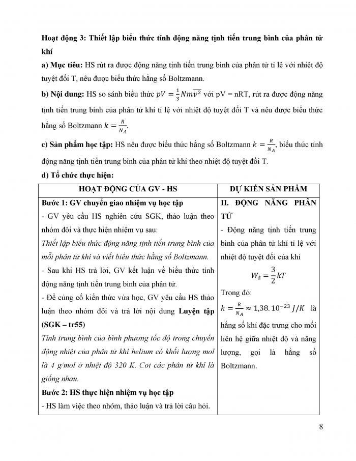 Giáo án và PPT Vật lí 12 chân trời bài 8: Áp suất – động năng của phân tử khí