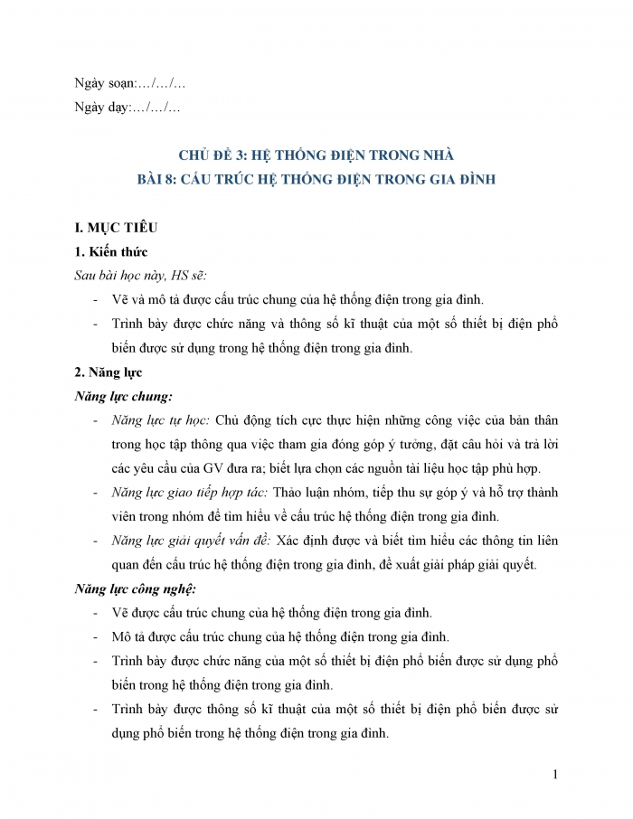 Giáo án và PPT công nghệ 12 điện - điện tử Cánh diều bài 8: Cấu trúc hệ thống điện trong gia đình